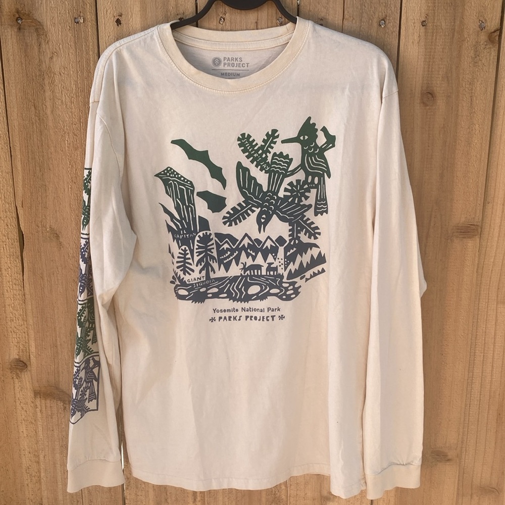 Parks Project Yosemite Woodcut Long Sleeve Tee Unisex Medium White Blue Green